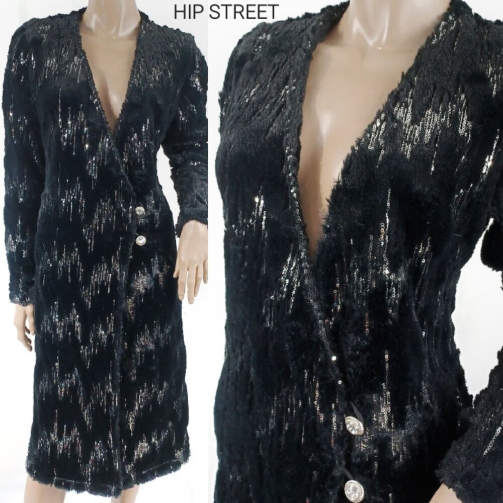 W BY WENJIE Dress or Coat LS Front Wrap Silver Sequin Waterfall & Plush Fleece L